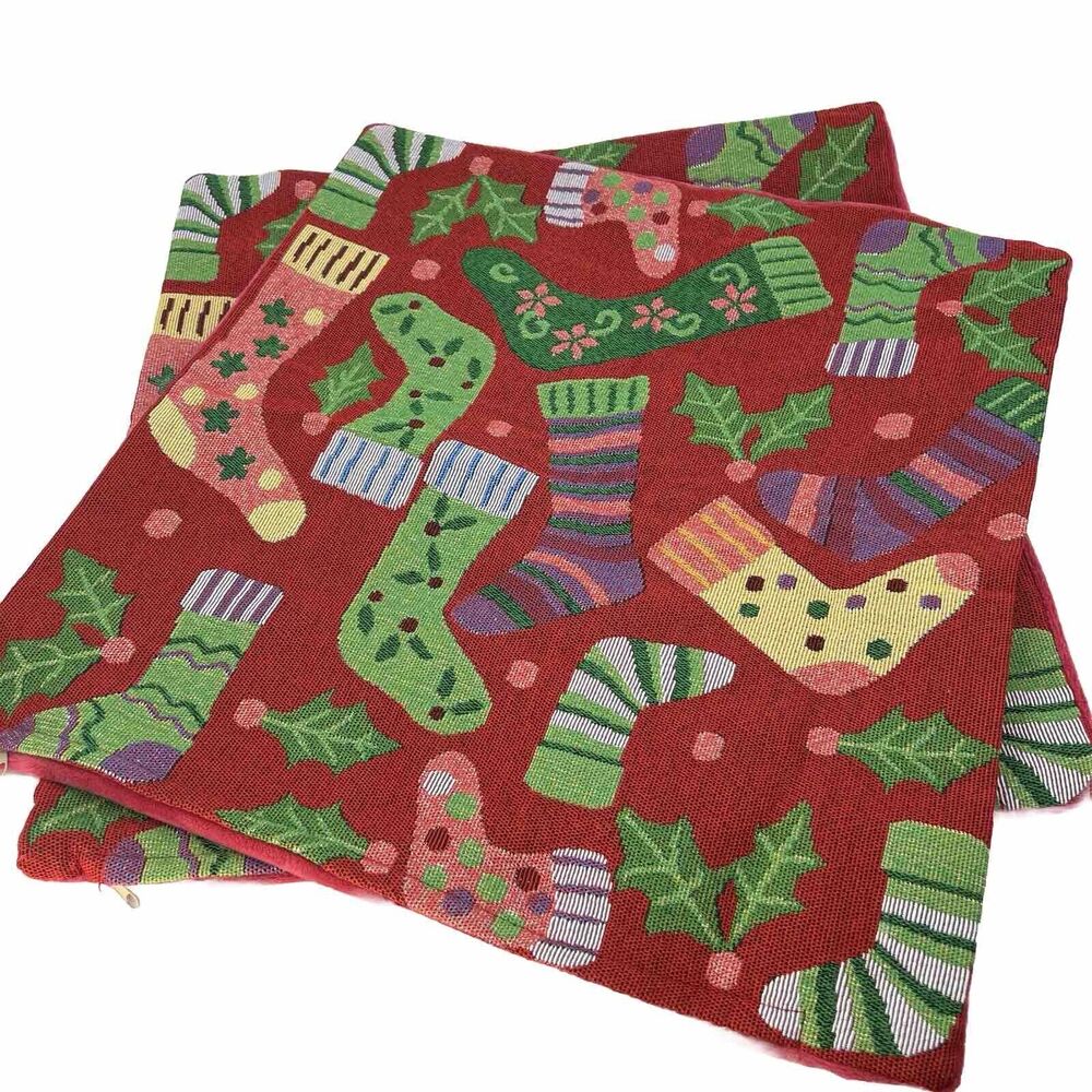 Set 2 Christmas Needlepoint Tapestry Pillow Covers Red Colorful Stockings 16"